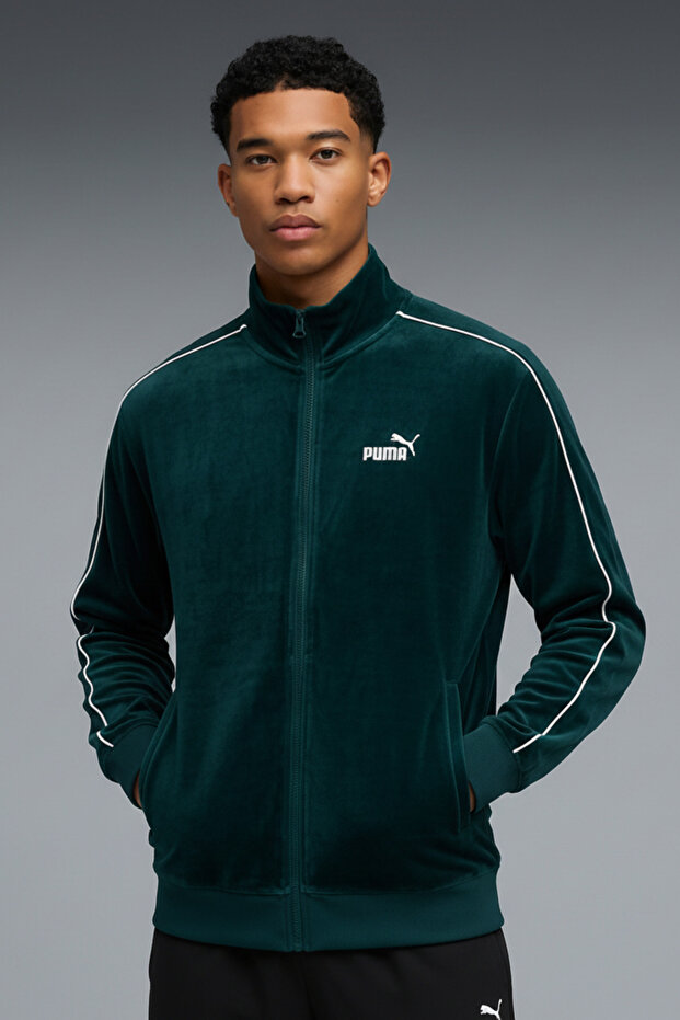 سترة Essentials Elevated Velour Track للرجال باللون الأخضر الداكن 68911675