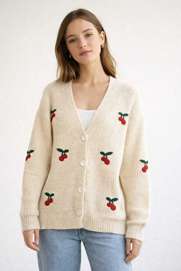 Kiraz Desenli Örme Triko Hırka - 2