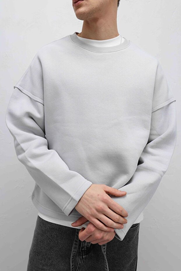 Boxy Fit Basic Sweatshirt Açık Gri - 4