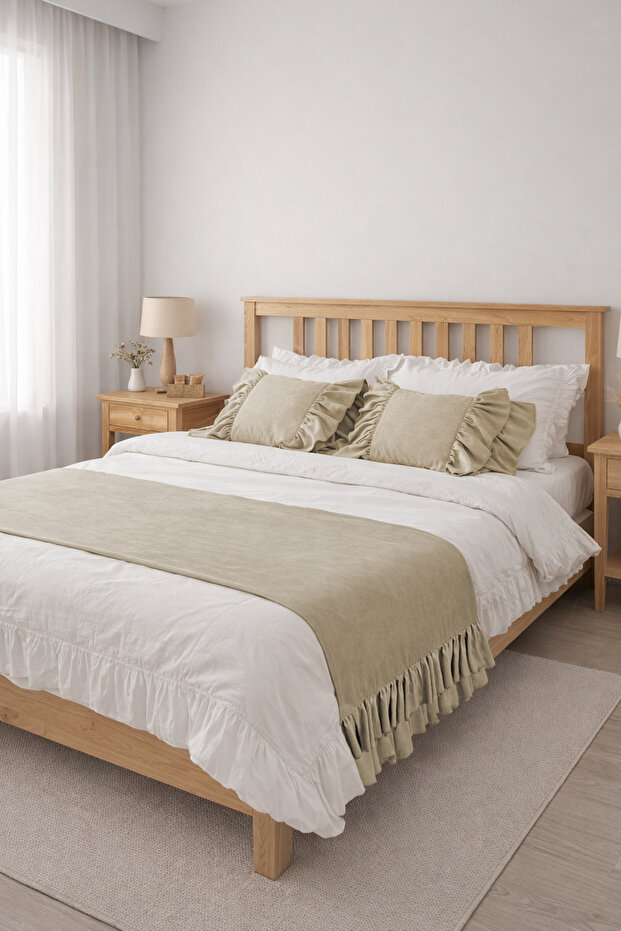 Bed Runner Inner Filled Throw Pillow Set Double Ruffled Mink, Dowry, Bedspread