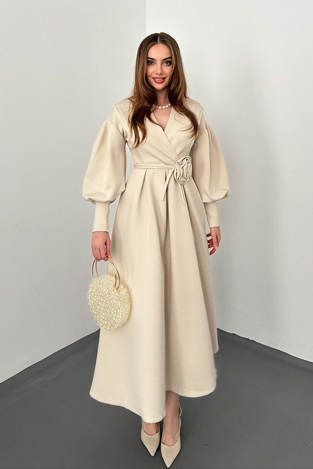 Beige Rose Detailed Scuba Dress