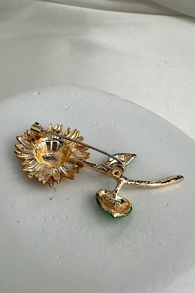 Yeşil Yaprak Detay Ay Çiçeği Broş (En:3cm Boy:6cm) - 3