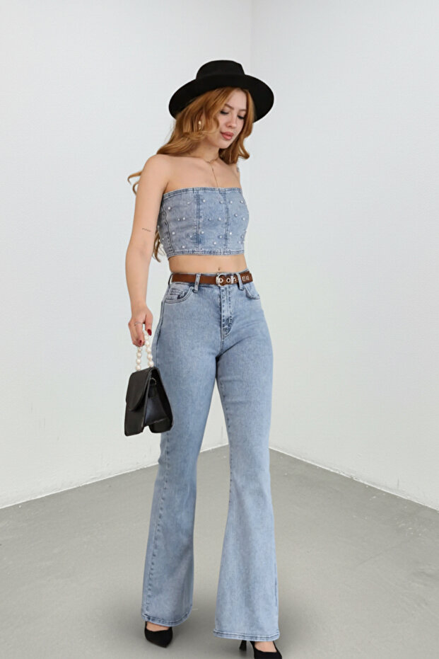Women's High Waist Spanish Leg Light Blue Denim Lycra Jean Trousers