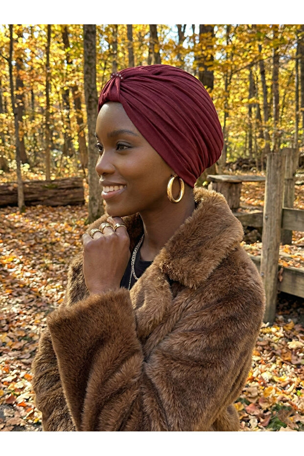 Crystal Butterfly Stone Embroidered Ribbed Lined Burgundy Ready-Made Turban Hijab Evening Dress Bonnet