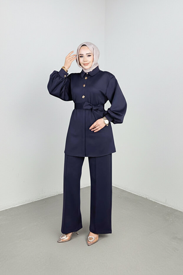 Stylish Modest Tunic Trousers Set – Belted Buttoned Long Sleeve Two-Piece Set
