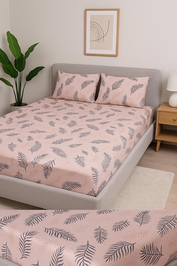Salmon Black Feather King Double Elastic Sheet 2 Pillow Case Ecsomontüyçrf180