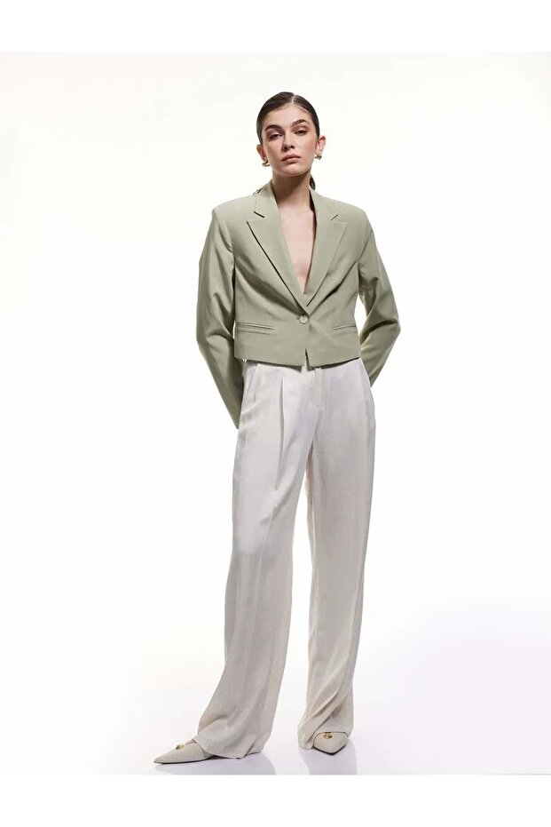 Viscose-Linen Blended Classic Double Breasted Crop Blazer Jacket