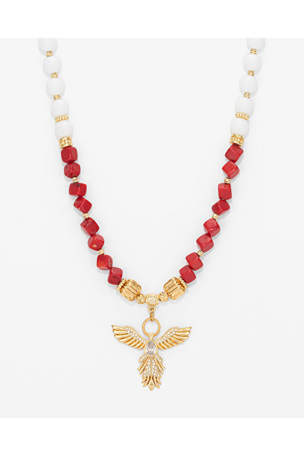 Natural Stone Red Cube Real Coral Stone & Zircon Stone Phoenix Design Allergy-Free Women's Necklace in Special Gift Box