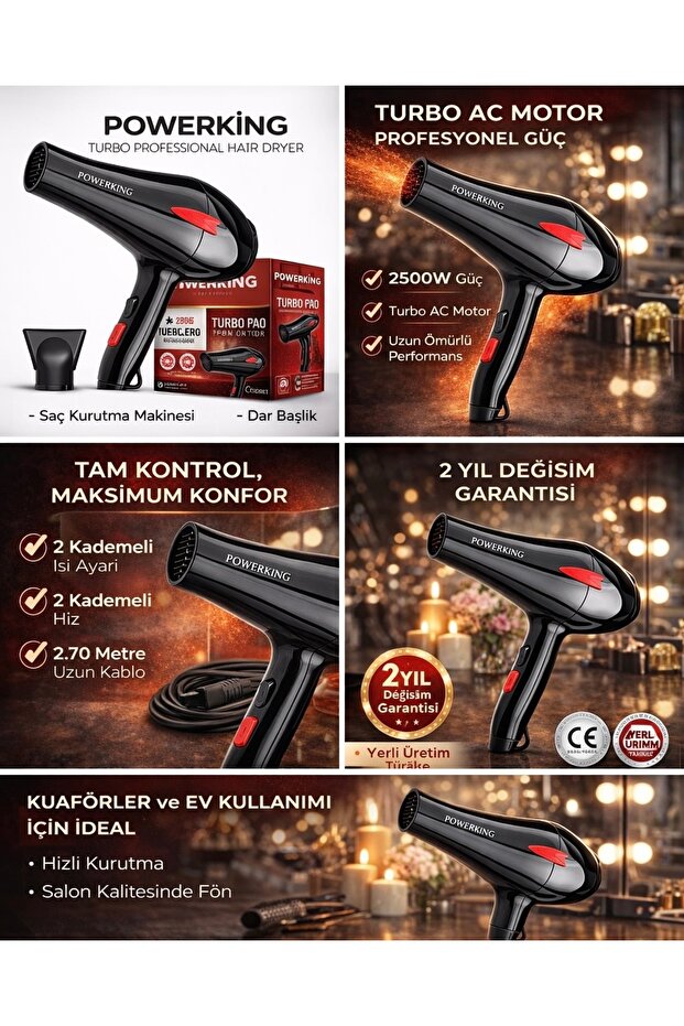 POWERKİNG 2500W Profesyonel Turbo Fön Makinası Saç Düzleştirici Şekillendirici Saç Kurutma Makinası