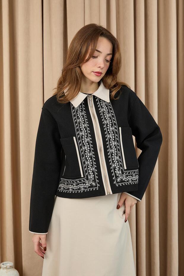 Women's Embroidery Detailed Short Jacket - 20719Ckt - Black-Beige