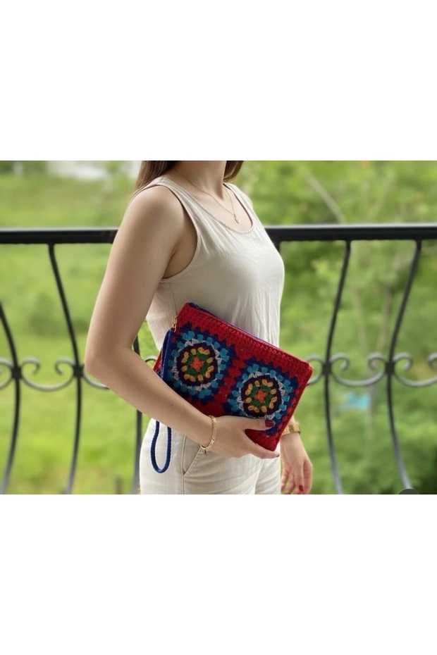 Hand Knitted Crochet Red Clutch Bag