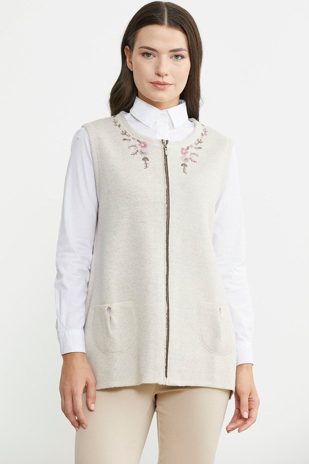 Zippered Wool Knitwear Vest with Embroidery Detail - Stone