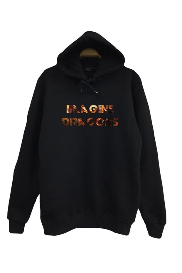 سويت شيرت بغطاء للرأس مطبوع عليه Imagine Dragons مصنوع من القطن بنسبة 100% باللون الأسود