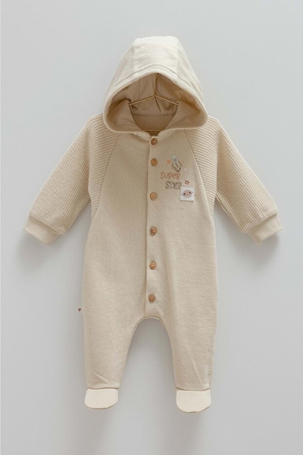 Color World Button Detail Hooded Jumpsuit Brown