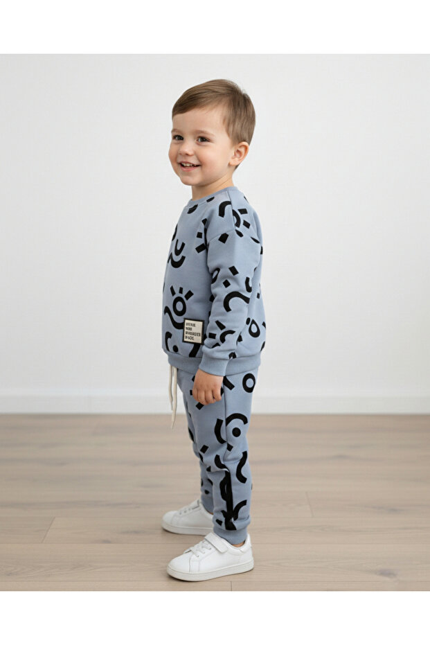 Boy's Printed Thick 3 Thread Unsharmonized Bottom Top Tracksuit Set