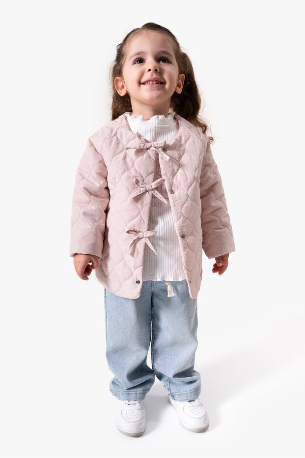 3-Piece Girl's Set with Bow Detail Quilted Coat 9088