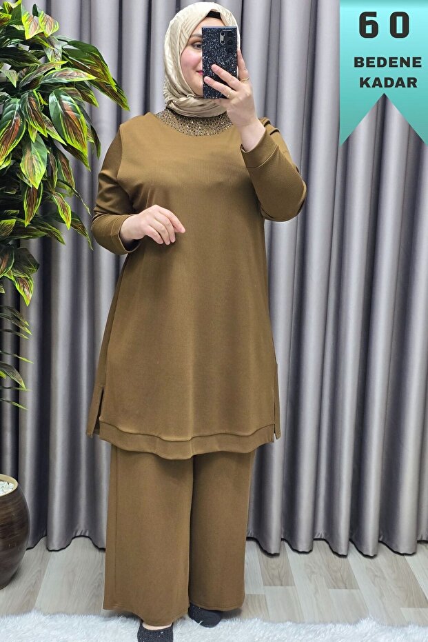 Women's Islamic Clothing Plus Size Corded Fabric Ecrin Double Suit with Pants