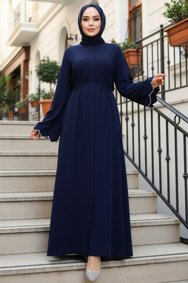 Navy Blue Hijab Belted Ferace 29125L