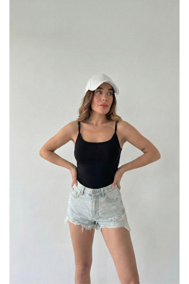 Women's Black Adjustable String Strap L Stretch Fabric Basic Body - 2