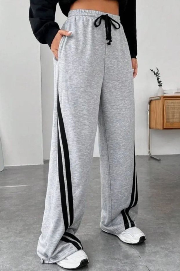 Jumpers Grey Knitted Streetwear High Waist Black Stripe Loose Sweatpants Trousers