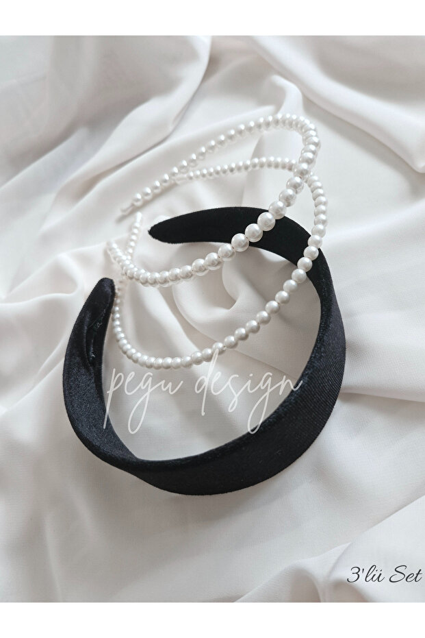 Set of 3 Wide Velvet Black and Pearl Crown, Bride, Invitation, Celebration, Everyday,