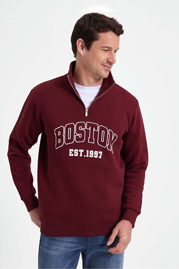 Men's Relax Fit Comfortable Cut Cotton Half Zipper Printed Claret Red Sweatshirt
