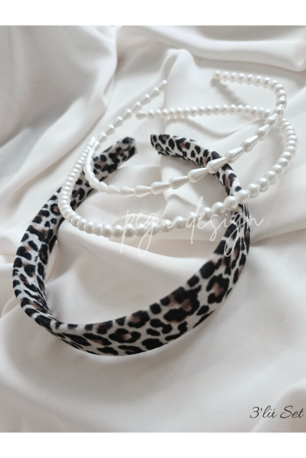 Set of 3 Velvet Leopard Pattern and Rowed Pearl Crown, Bride, Invitation, Celebration, Daily,