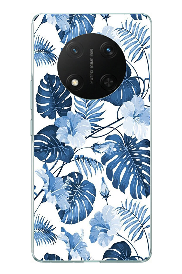 حافظة سيليكون متوافقة مع هاتف Honor X9C بنمط أوراق الشجر الزرقاء والزهور مطبوع - 1