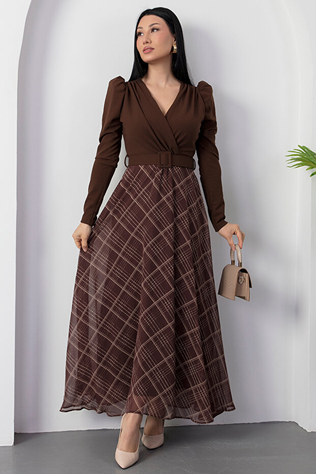 Üstü Krep Eteği Şifon Kemerli Elbise GRS3860 - 4