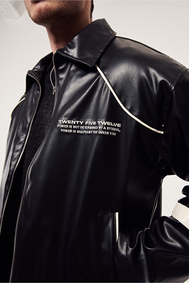 مطبوع حواف أسطوانية سترة جلدية - 4