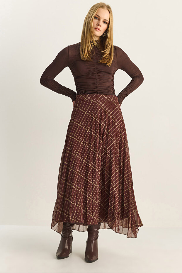 Women's Brown Green Square Patterned Pleated Lined Chiffon Skirt 60283903