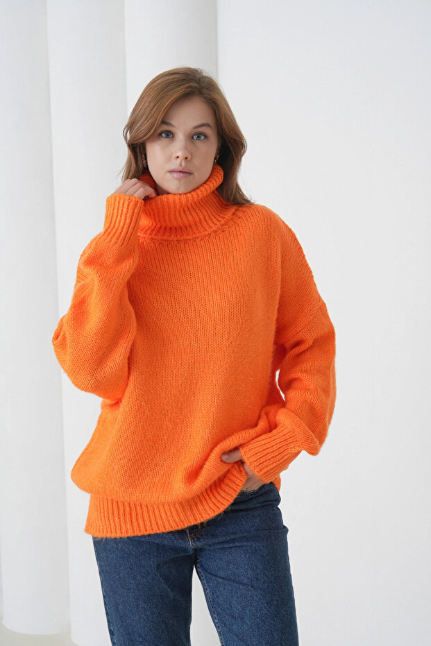 Women's Turtleneck Ribbed Knit Oversized Knitwear Tunic 223009