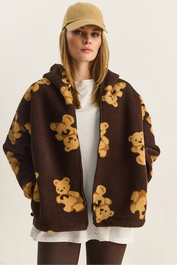Women's Brown Hooded Pocket Detailed Teddy Oversize Fleece Sweatshirt 4133 60283893