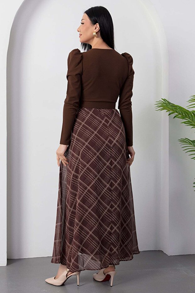 Üstü Krep Eteği Şifon Kemerli Elbise GRS3860 - 7