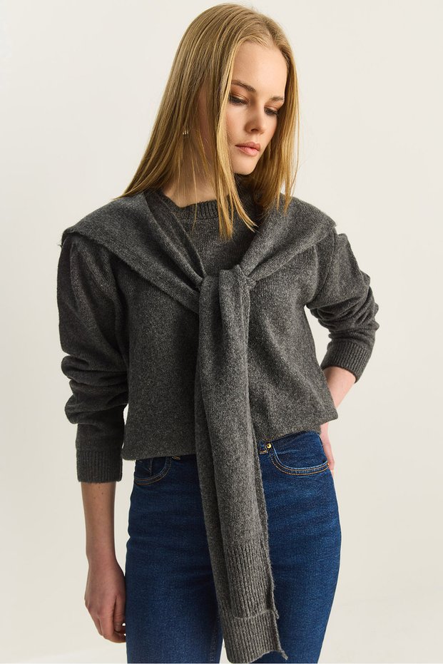 Women's Anthracite Sweater with Scarf Accessories, Crew Neck Knitwear Sweater Tk251180 60283914