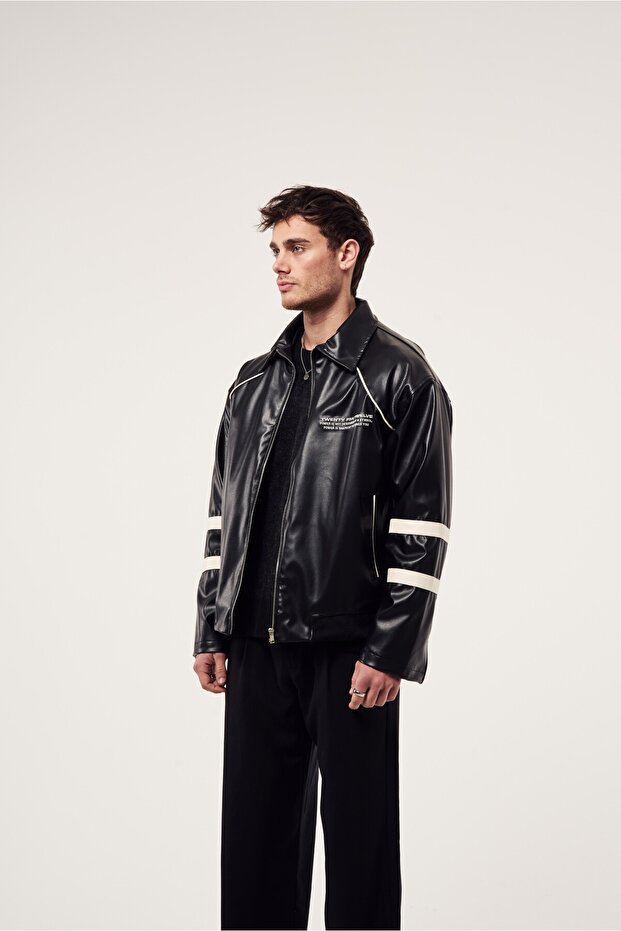 مطبوع حواف أسطوانية سترة جلدية - 3