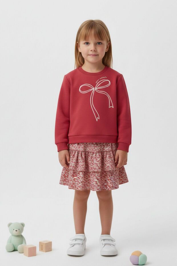 Girl's Pink Bow Floral Pattern Long Sleeve Sweatshirt and Skirt Set - Girl's Set