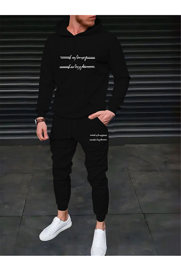 Men's Los Angeles Printed Comfortable Fit Hooded Pocket Top Jogger Elastic Cuff Bottom Tracksuit Set