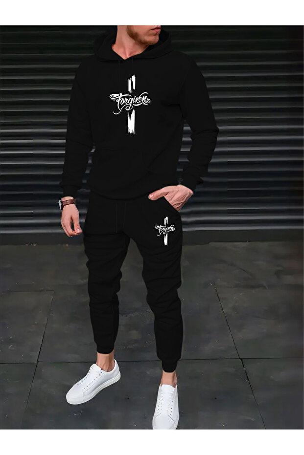 Men's Forgiven Printed Comfortable Fit Hooded Pocket Top Jogger Elastic Cuff Bottom Tracksuit Set