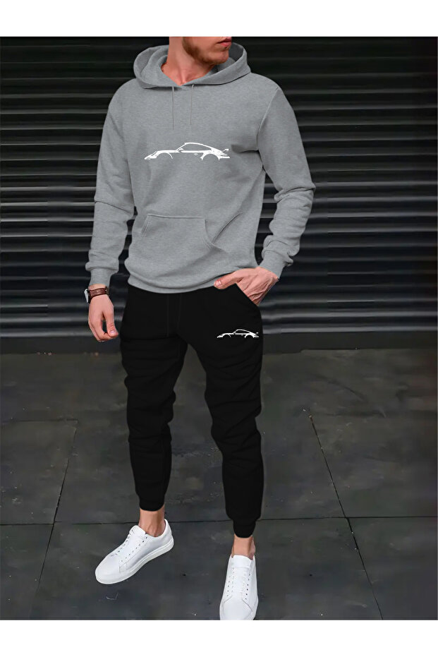 Men's Car Drawing Printed Comfortable Fit Hooded Pocket Top Jogger Elastic Cuff Bottom Tracksuit Set