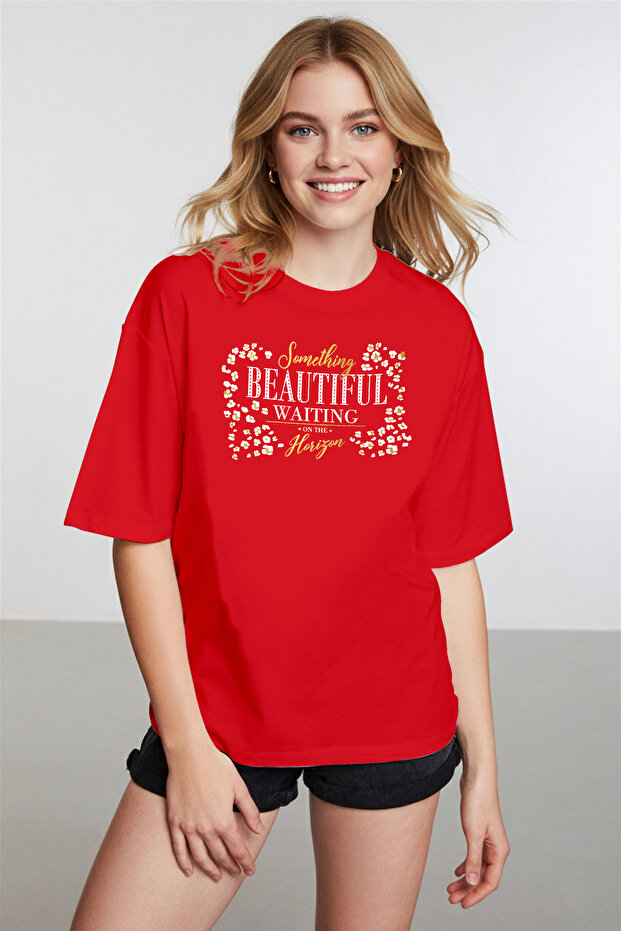 Women's Leopard Pattern Slogan Printed Crew Neck Red T-Shirt