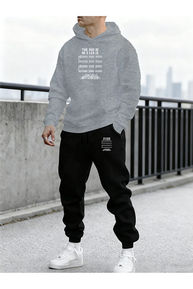 Men's Silence Printed Comfortable Fit Hooded Pocket Top Jogger Elastic Cuff Bottom Tracksuit Set