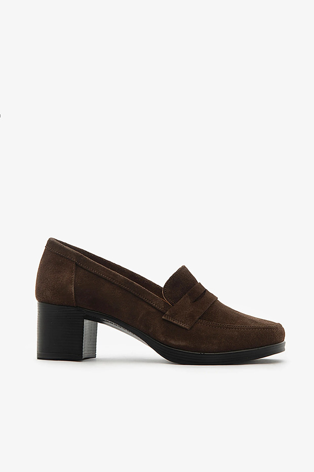 Brown Genuine Leather Suede Thick Heeled Women's Loafer Shoes