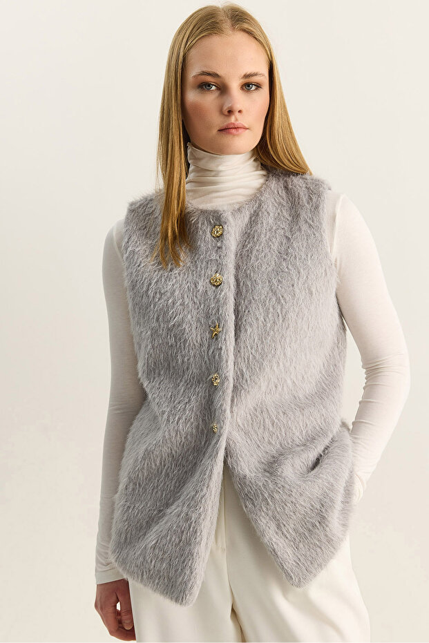 Women's Gray Soft Textured Bearded Button Detailed Lined Vest 60282043