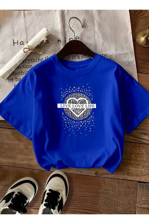Women's Live Love Life Slogan Heart Printed Crew Neck Cobalt Blue T-Shirt