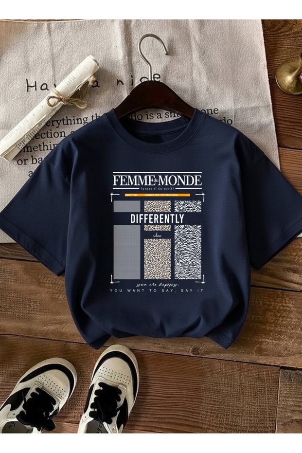 Women's Femme Printed Crew Neck Navy Blue T-Shirt