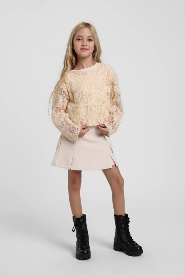 Girl's 5-14 Years Old Bodysuit-Net-Shorts Skirt Three-Piece Set Cream
