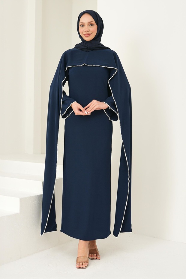 Navy Blue Pearl Detailed Cape Evening Dress