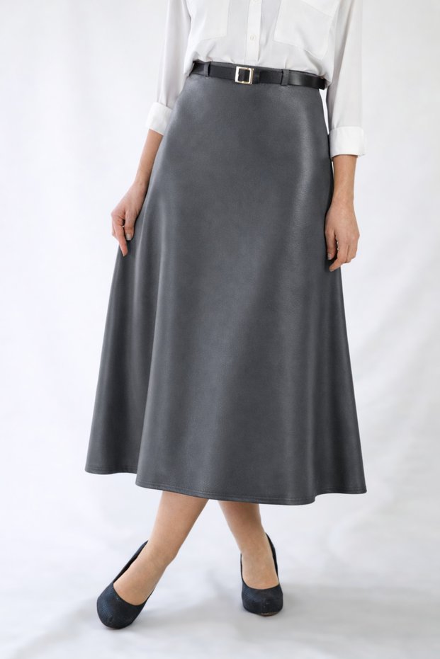 Belt-Detail Midi-Length Loose Dark Gray Leather Skirt