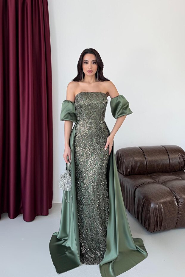 Khaki Strapless Balloon Sleeve Sequined Cape Evening Dress